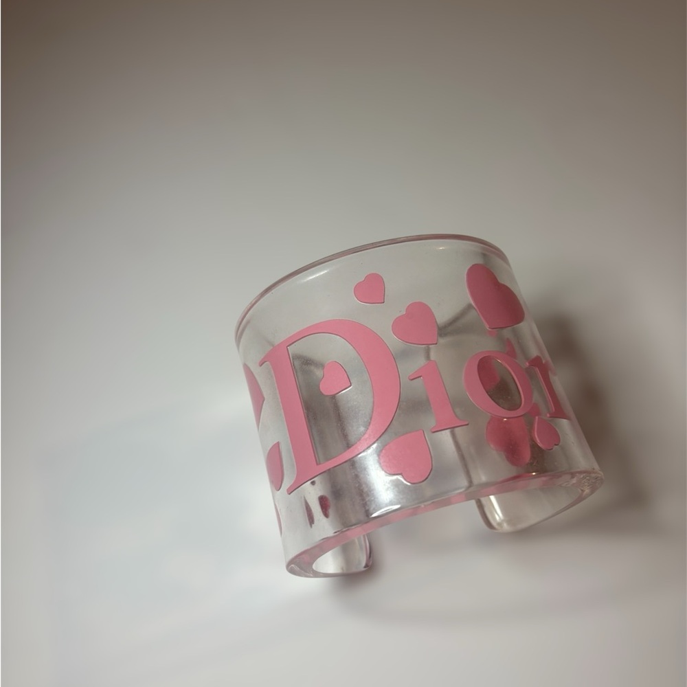 Vintage Dior Lucite Cuff Bracelet with Pink Logo and Hearts